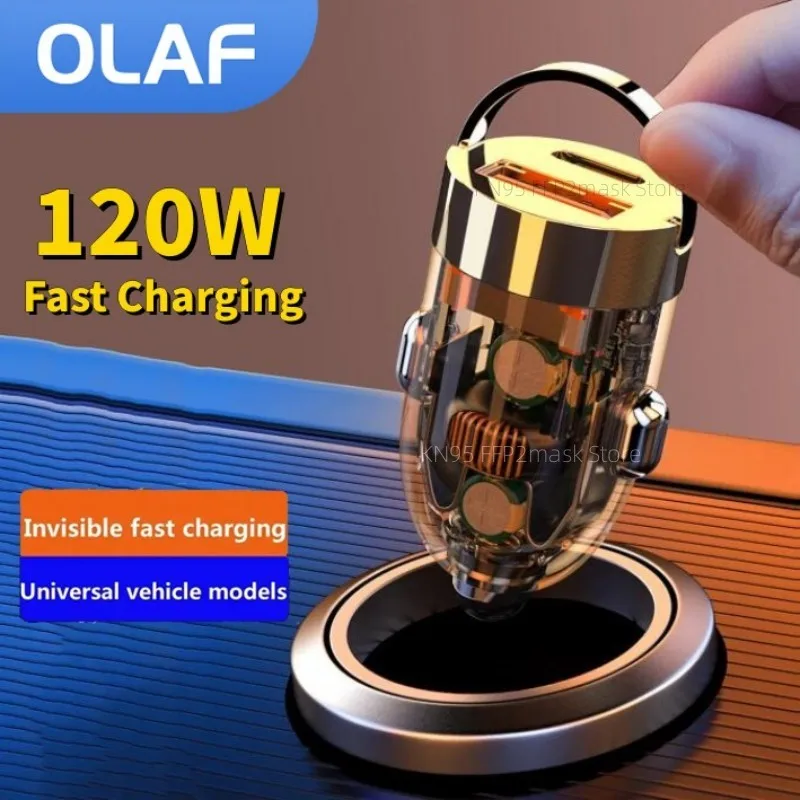 Pull Ring 120W Car Charger Fast Charging QC3.0 Transparent Invisible PD USB Type C Car Phone Charger for iPhone Xiaomi Samsung