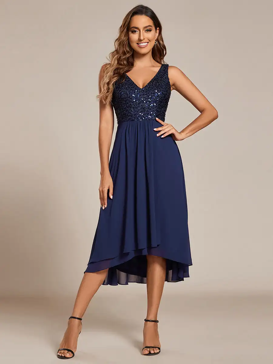 Elegant Evening Dress Deep V-Neck Sleeveless Sequin Bodice Midi Length 2024 Ever Pretty of Chiffon Navy Blue Wedding Guest Dress