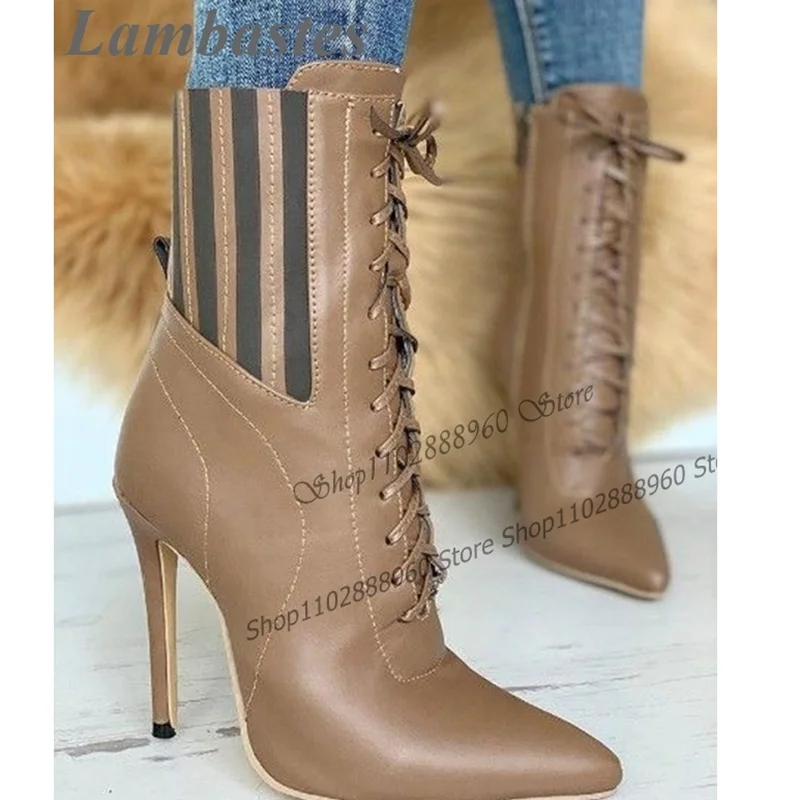 

Cross-Tied Brown PU Leather Patchwork Ankle Boots Thin High Heel Women Shoes Side Zipper Pointed Toe 2023 Zapatos Para Mujere