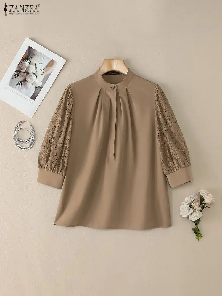 Koszula ZANZEA na lato 2025 z koronkowymi wstawkami, elegancka bluzka damska do biura ze stójką, rękaw 3/4, luźna tunika, koszula do pracy, chemise mujer