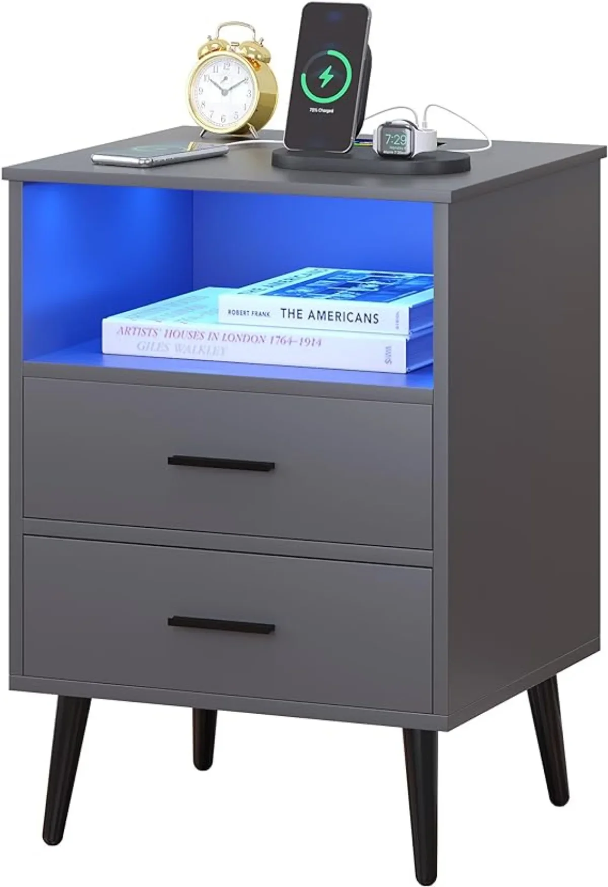 

Nightstand with Wireless Charging Station with RGB Light,with Human Sensor, 2 Drawers & Open Shelf(Grey)