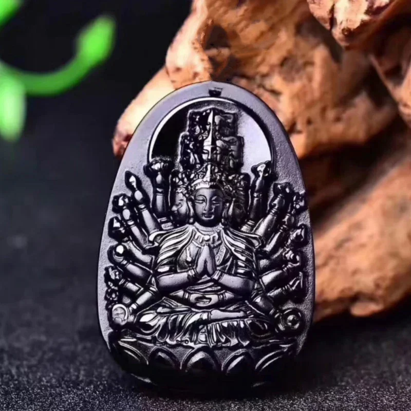 

Natural Obsidian Thousand-hand Bodhisattva Jade Pendant Jewelry Lucky Auspicious Safety Amulet Jade Fine Jewelry Pendant