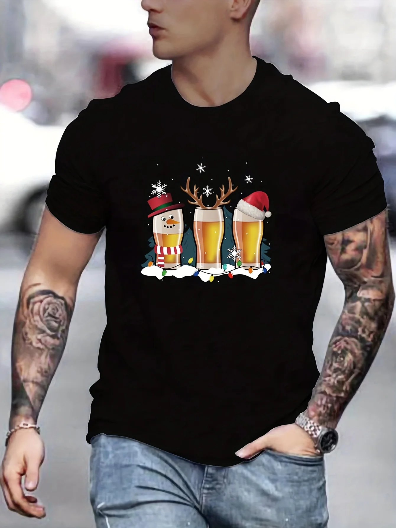 

Men's Festive Christmas Tee - Casual Short Sleeve with Snowflake, Beer & Antler Prints, Breathable Polyester Blend