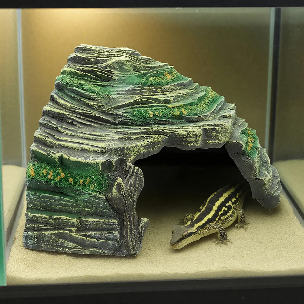 Decoración de cueva de roca de resina, cueva escondite, plataforma para tomar el sol para jaulas de mascotas, peceras, Mini anfibios, serpiente, Gecko, tortugas de dinero