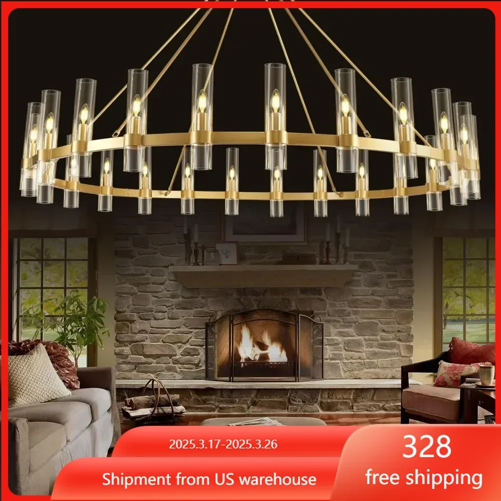 Wagon Wheel Chandelier, 70 Inch Chandelier with Glass Shade, 24 Light Chandelier for Living Room  Farmhouse Chandeliers