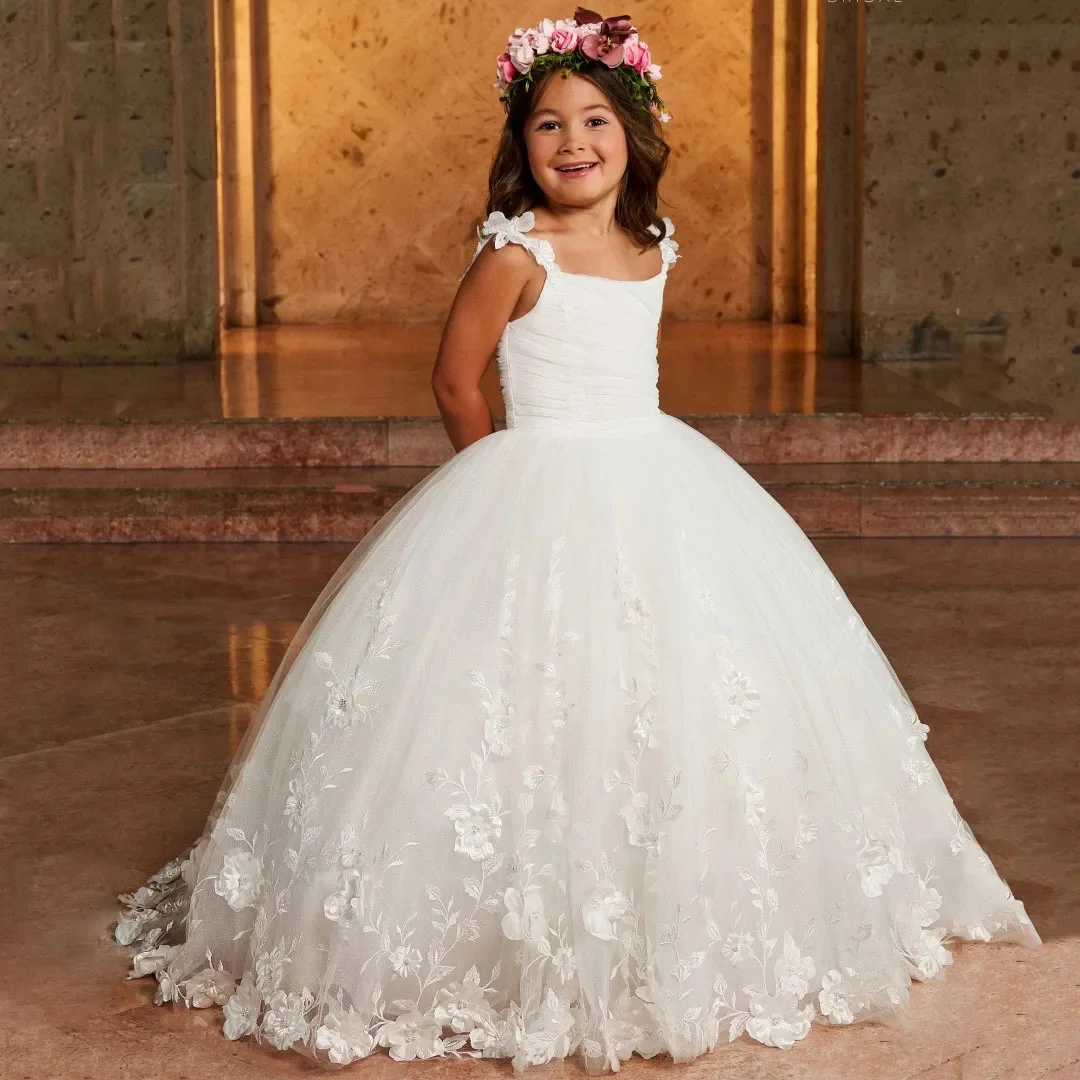 ชุดเดรสเด็กหญิงถือดอกไม้สีขาว แต่งระบายลายดอกไม้ แขนกุด สำหรับงานแต่งงาน งานวันเกิด งานเลี้ยง งานพรอม งานรับศีลมหาสนิท