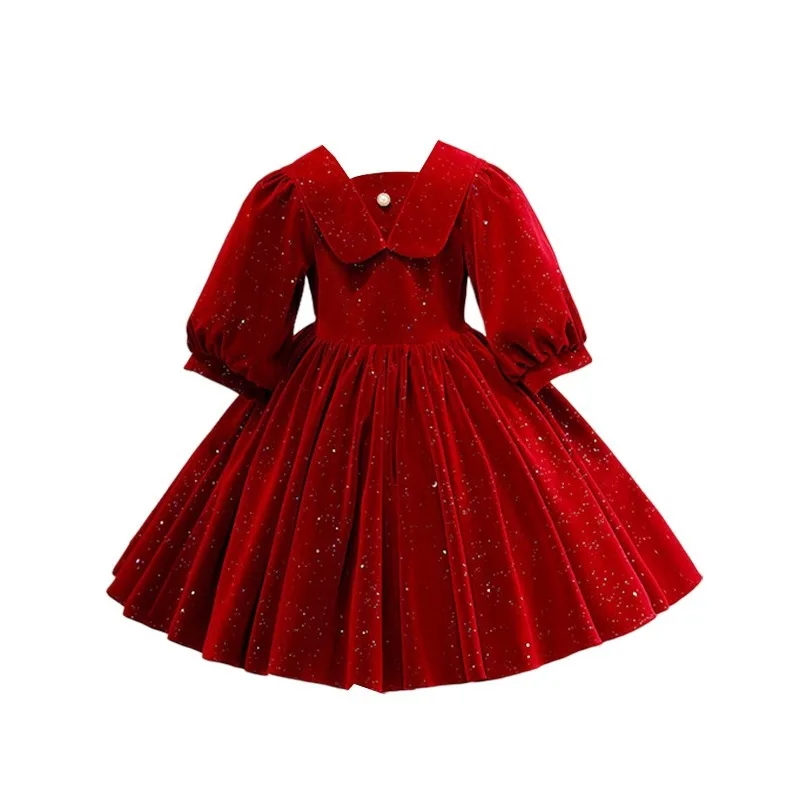 Vestido de baile de lantejoulas de manga longa para meninas, vestido vermelho para crianças, vestidos de festa femininos, traje infantil, 2024