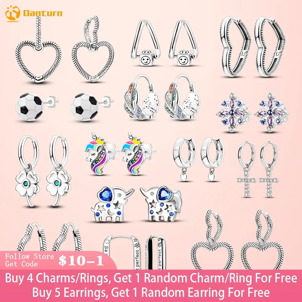 Danturn 925 Sterling Silver Earrings Serpentine Heart Hoop Earrings Elephant Snowflake Stud Earrings Fashion Women Earrings