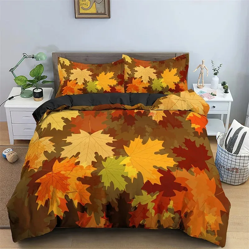 Maple Leaves Duvet Cover Autumn Theme Bedding Set Microfiber Botanical Leaf Comforter Cover Twin Full King for Kids Adult Room