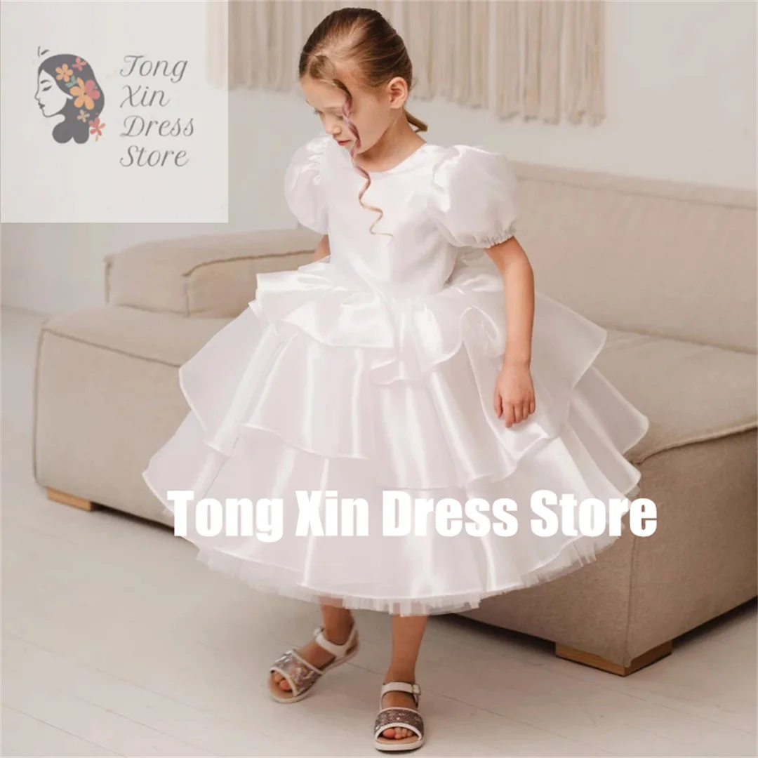 Customized  Flower Girl Dresses White Puffy Tiered With Bow Short Sleeve For Wedding Birthday Party Banquet Holy Communion Gowns