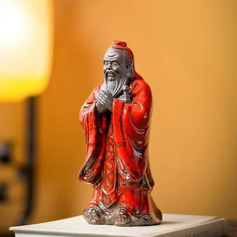 Confucius Statue Ceramic Philosopher Figurine Red Glazed Sculpture Symbol of Wisdom & Knowledge Feng Shui Decor for Office Desk