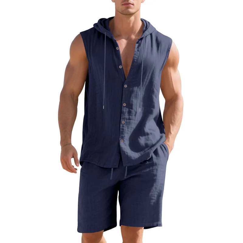 Conjunto de Dos Piezas de Camisa sin Mangas con Capucha y Pantalones Cortos de Lino, Estilo Casual y Minimalista para Verano, Traje con Capucha para Hombre
