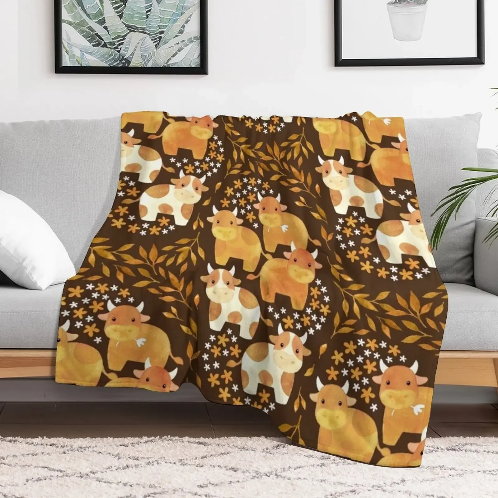 New Whimsical Watercolor Cow-fetti - on chocolate brown Throw Blanket Luxury Designer Decoratives Soft Blankets