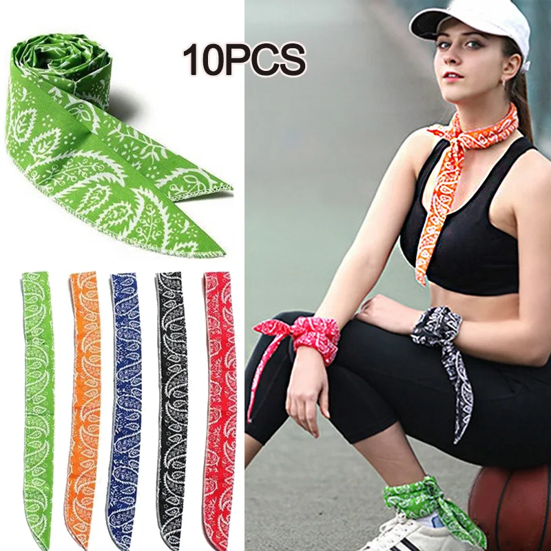 

10PCS Ice Cool Scarf Cashew Flowers Hip Hop Printed Bandana Wristband Men Women Outdoor Headbands Band Wrist Wraps Hair Scarves