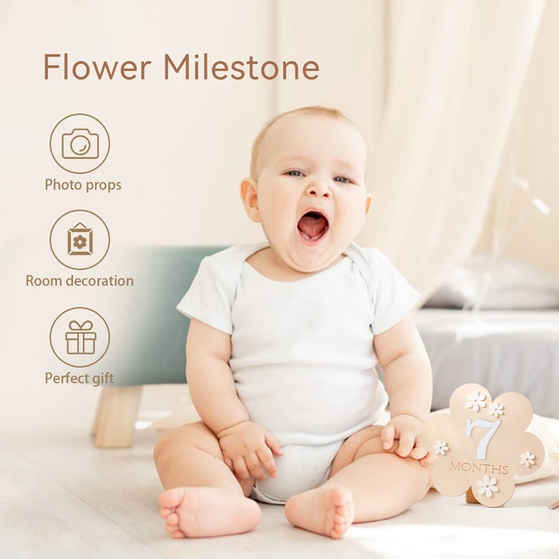 2 Stück Baby Blumen Meilenstein Set Baby Wachstum Schießen Requisiten DIY Holz Blumen geformte Kilometer Tabletten Foto Requisiten für Neugeborene