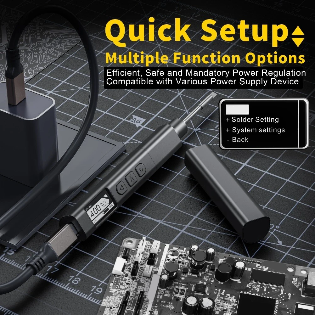 

Быстронагревающийся портативный паяльник с U-образным эргономичным дизайном, поддержка PD 2.0, 3.0, 3.1, мощность нагрева PD 18-140 Вт, черный