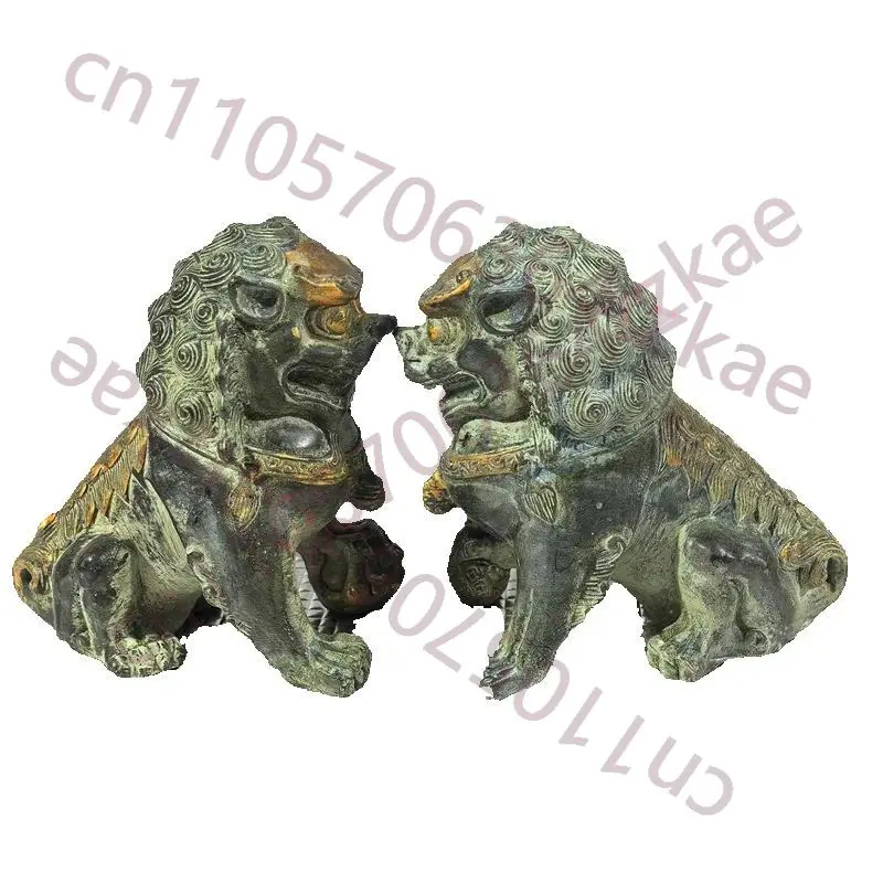

Folk Collection Old Bronze Gilded Pair of Lions Statue - Chinese Unearthed Copper Artifacts collection