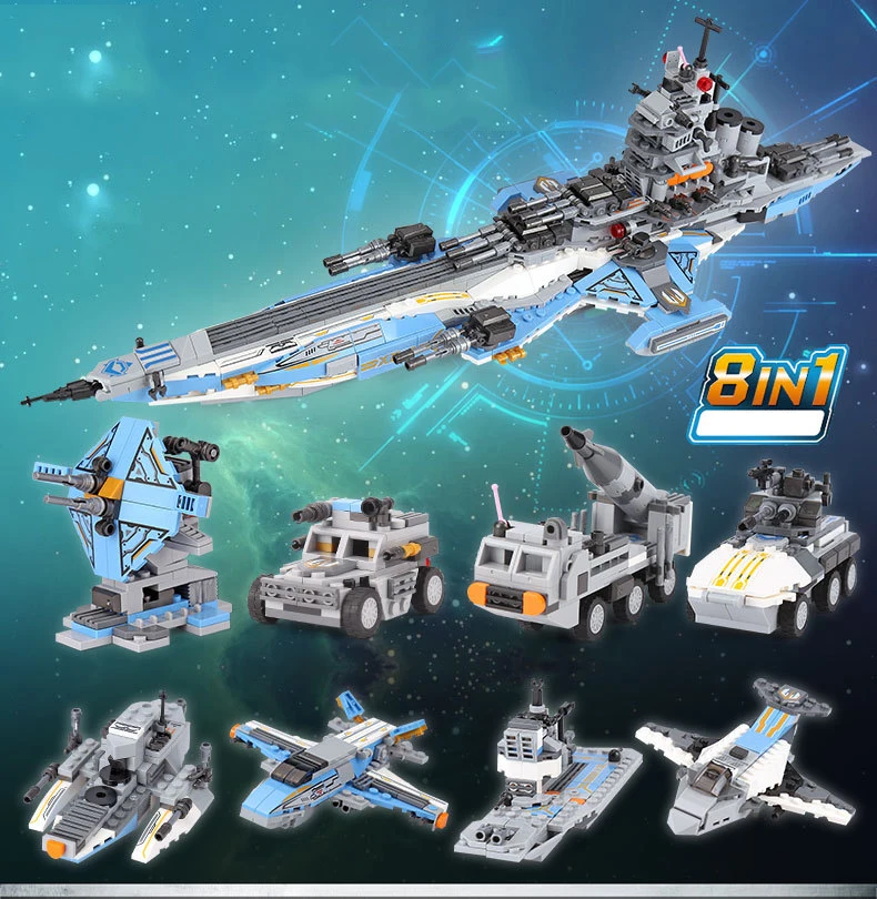 Military Star Battle 8in1 Space Warship Building Block War Radar Fighter Speedboat Battleship Missile Armored Vehicle Brick Toy