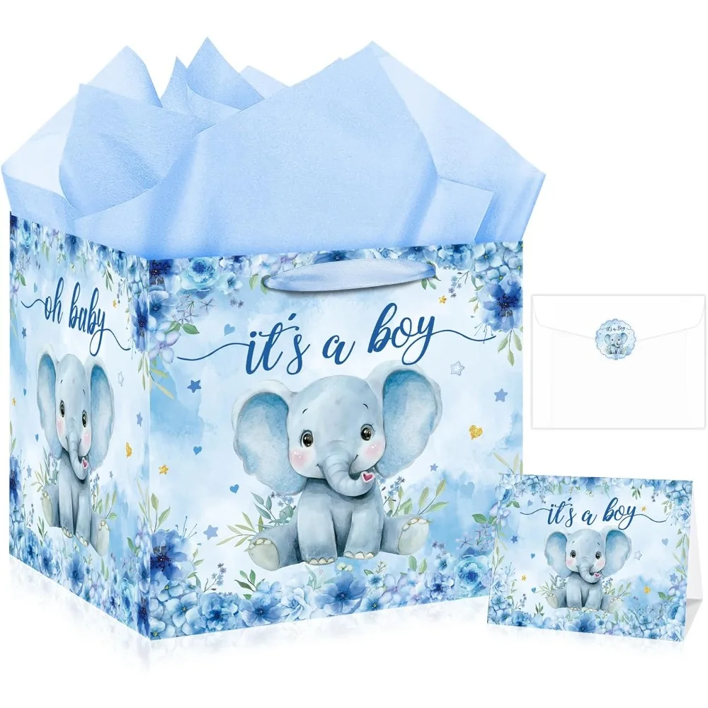 

Extra Large Baby Boy Gift Bag Square Blue Elephant Baby Shower Bag for Boy with Wrapping Paper Card Sticker Envelope for New Bab