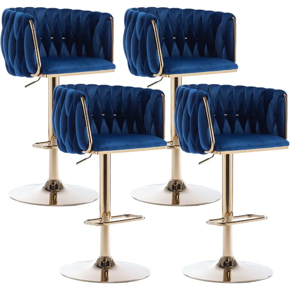 360° Velvet Swivel Bar Stools, Adjustable Counter Height Bar Chairs with Woven Back & Footrest