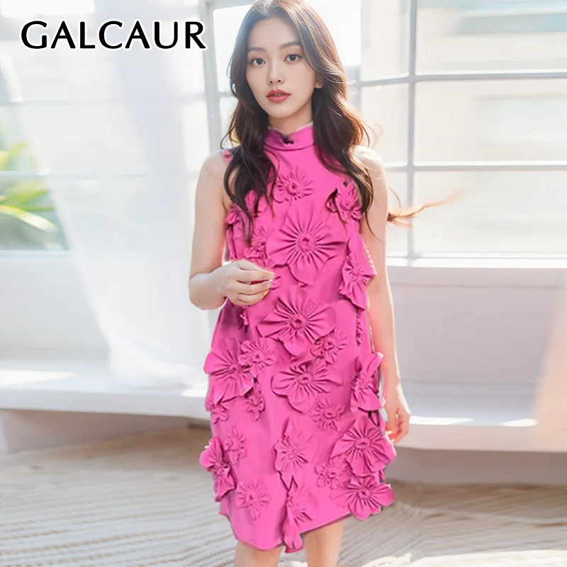 

GALCAUR Chic Slimming Mini Dress For Women Round Neck Sleeveless High Waist Spliced Appliques Designer Minimalist Dress Female