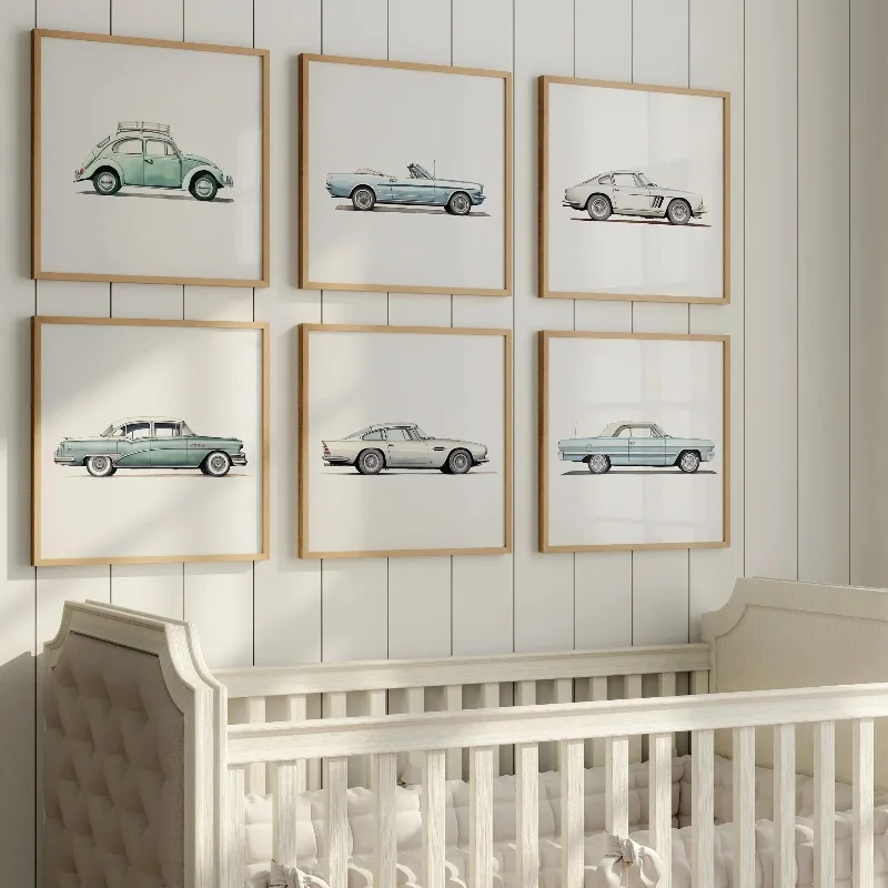 مجموعة من 6 مطبوعات سيارات عتيقة الحد الأدنى الحديثة قماش جدار الفن الحضانة غرفة اللعب غرفة نوم الأولاد غرفة الاطفال ديكور السيارات ملصق