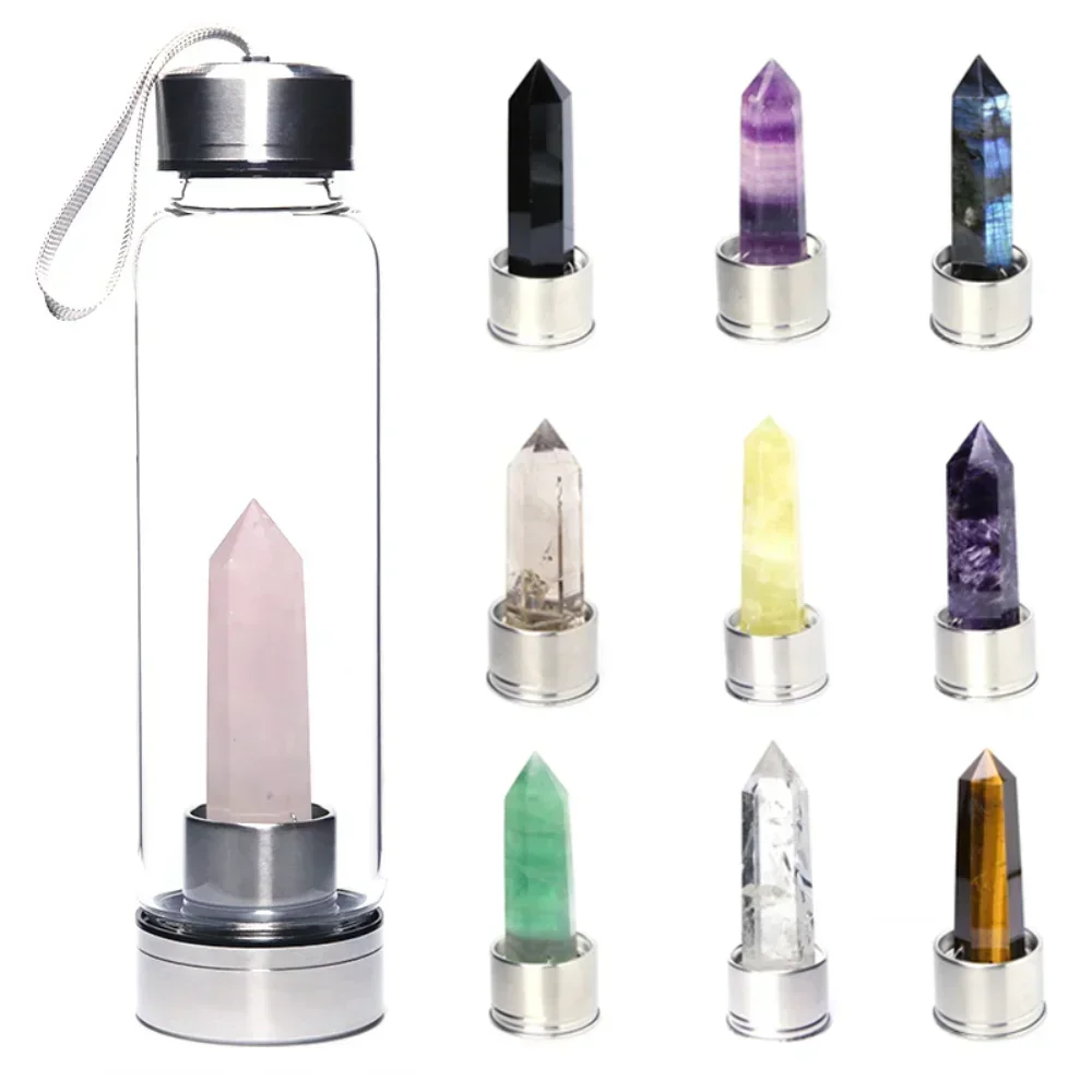 500ml Natural Crystal Water Bottle Crystal Glasses Stainle Steel Cup Healing Obelisk Wand Elixir Quartz Wand Heals Energy Chakra