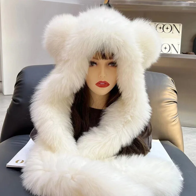 Fox Fur Hat Scarf Winter Real Fur Hat Warm Earprotect Cap Fluffy Natural Fox Fur Hats Luxury Knit Genuine Fur Hooded Scarf Lady