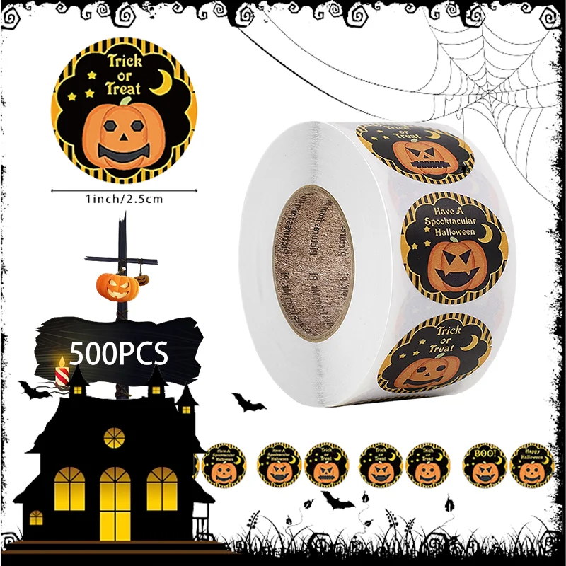 3 rotoli di adesivo decorativo Happy Halloween Grazie 500 pezzi per rotolo Etichetta sigillante per imballaggio adesivo fantasma zucca di Halloween