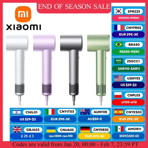 샤오미 미지아 고속 헤어 드라이어, 음이온 헤어 케어, 110000 Rpm 건조, 220V CN 버전, EU 어댑터 포함, 풍속 62 m/s, H501