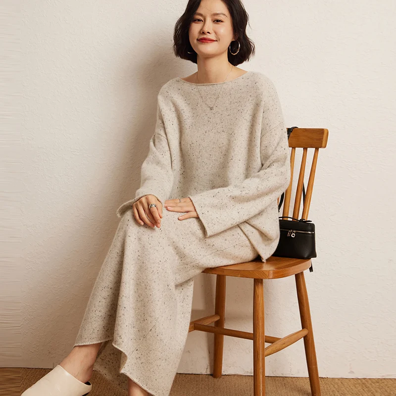 Fashion Suit Winter 100% Cashmere Knitted Sweater Quality Women Pullover And A-line Skirt Two-Piece Female Skirt Ladies Clothes