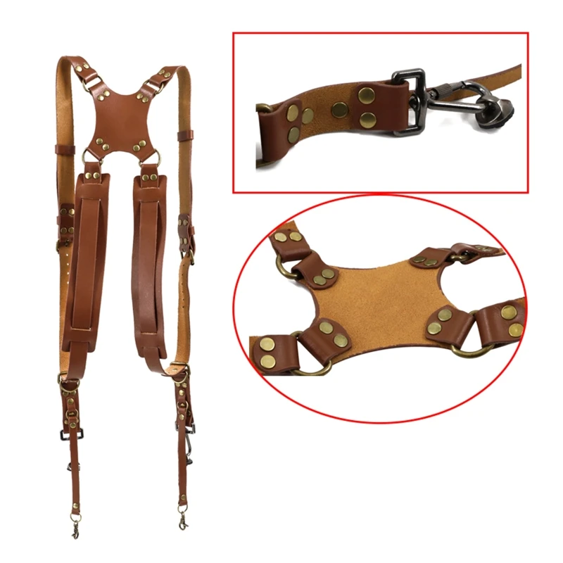 Camera Strap Photography Accessories for Two Cameras  Dual Shoulder Leather Harness Leather Rivets Camera Suspenders