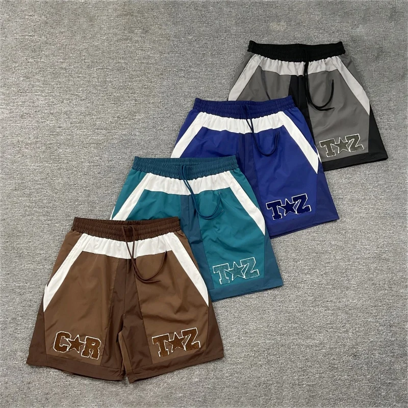 

Retro American High Street Summer Letter Towel Embroidery Color Blo uttle Weave Dstring Beach orts Straight Leg Pants