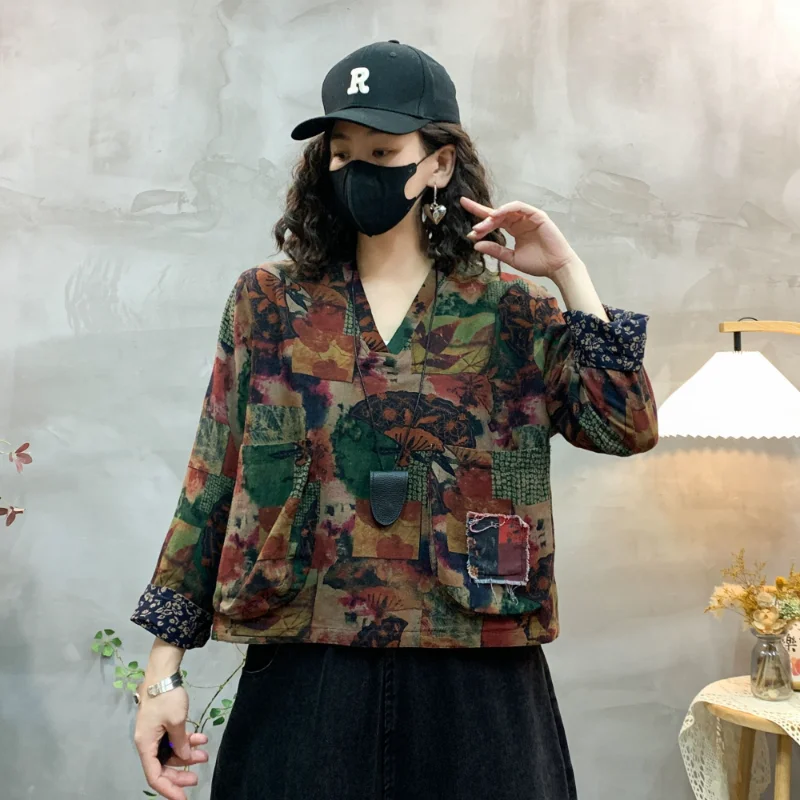 Reversible Ethnic Style Retro Floral Women's Versatile Loose T-shirt Nine-quarter Sleeve Top