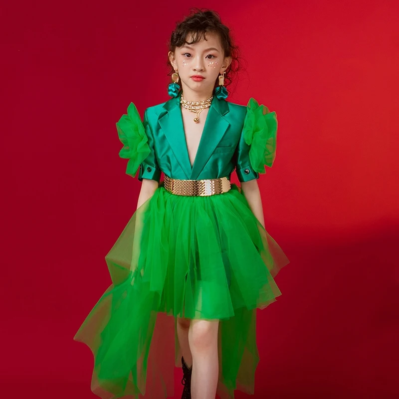 

2024 New Children'S Ballroom Dance Costumes Green Jazz Dance Clothing Kids Kpop Outfits Stage Performance Catwalk Wear DW10266