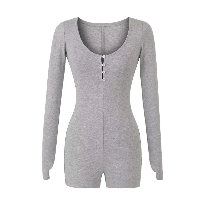 Women's High Waist Bodycon Jumpsuit Long Sleeve Button Round Neck Slimming Tummy Control Party Club Outfit American Style