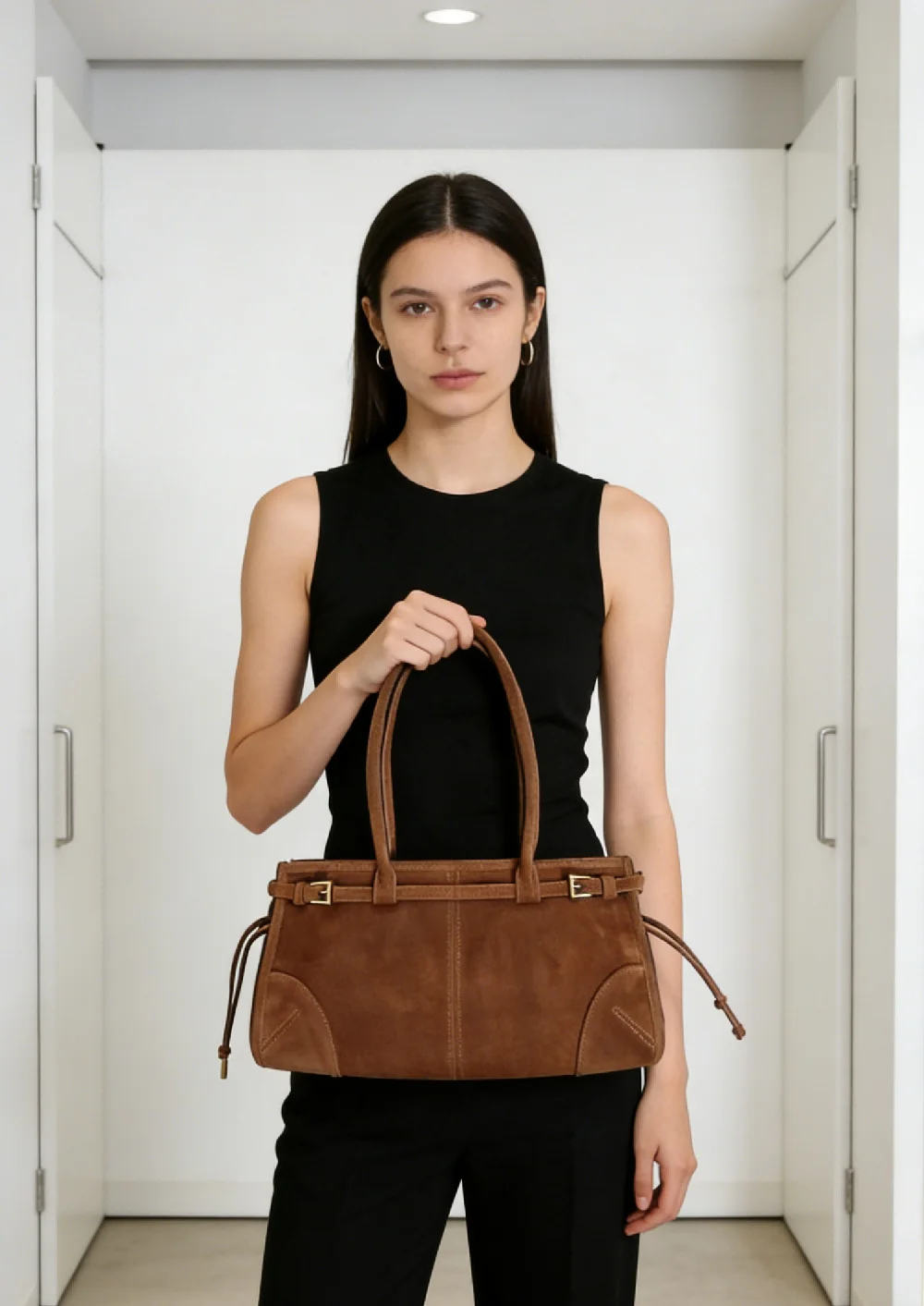 

Vintage Brown Suede Handbag for Women Retro Top Handle Bag with Drawstring Detail Casual Daily Shoulder Bag for Commute