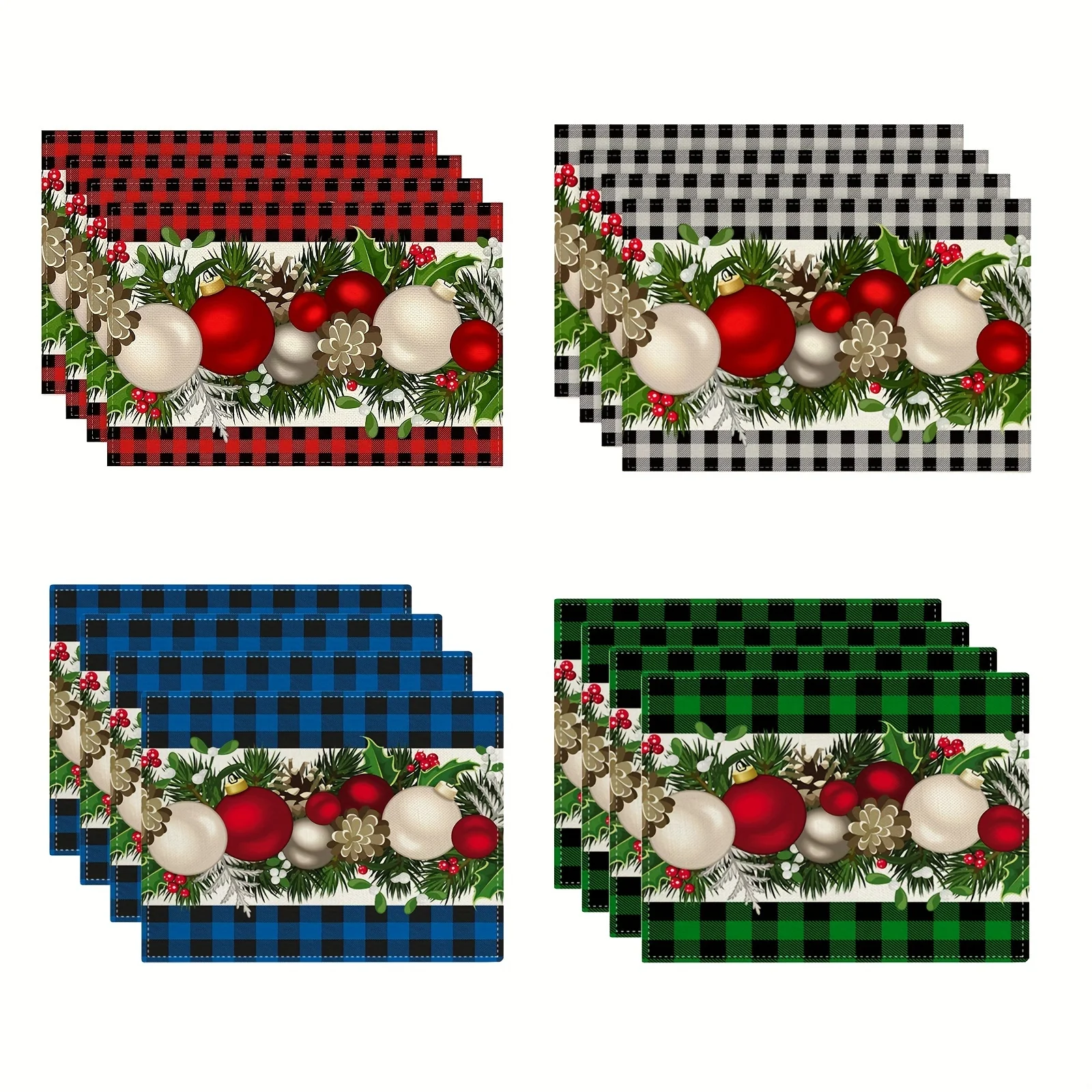 Christmas Buffalo Plaid Ornament Placemat Holiday Party Table Mat Linen Xmas Decor for Dining Kitchen