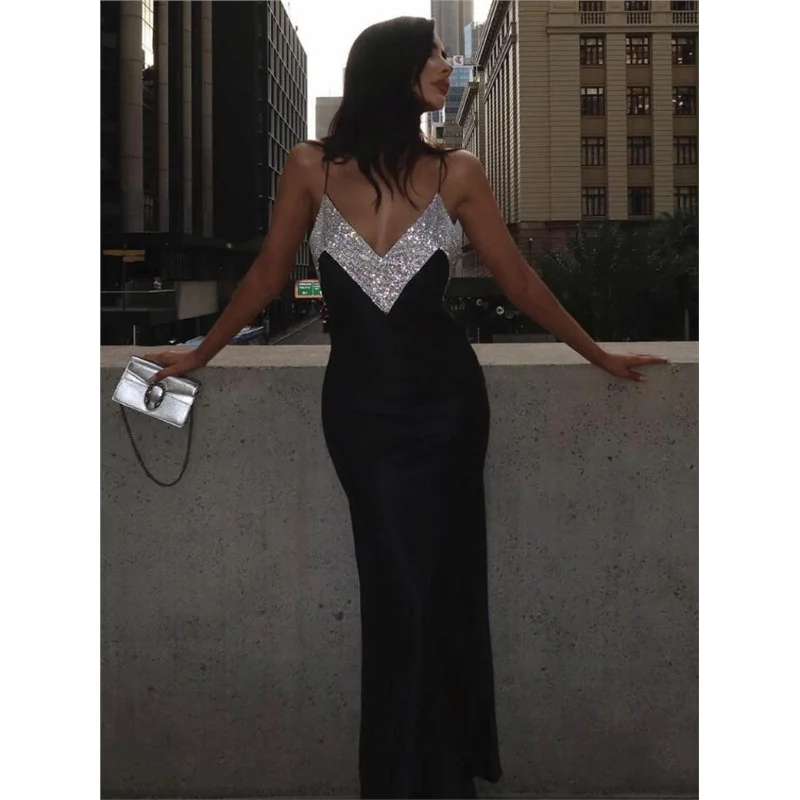 Sexy Low-Ne V-ape Diamond Flaing Langes Kleid zum Geburtstag Par Ball Mid-Waist Bodycon Dr ohne Sve Tee-Acetat...