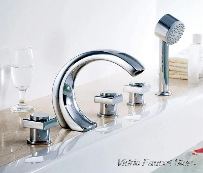 

Vidric Brass Material Chrome Finish Bathroom Faucet Bathtub Waterfall Bath Tub Mixer with Hand Shower 3 handle 5 hole 5pcs/set