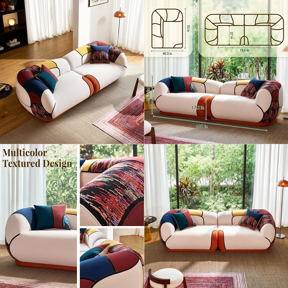 

102 Oversized Modern Curved Sofa, Minimalist 4Seat Chenille Couch for Living Room Apartment, Boneless Sectional Floor Lounge Co