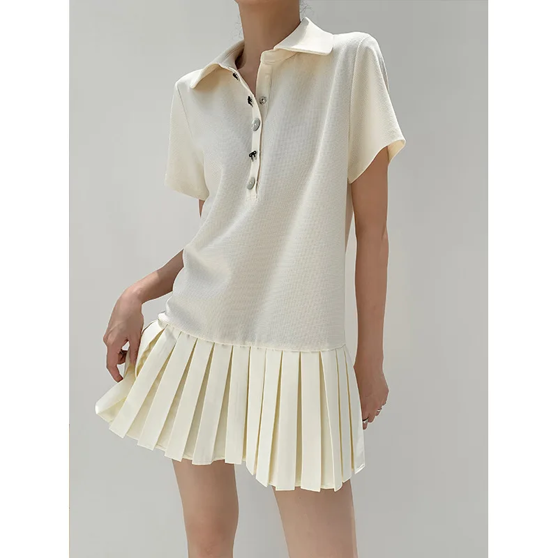 

Hong Shirt 2024 Summer New Collar Bow Button Short Sleeve Flounced Skirt Swing Youthful-Looking Dress