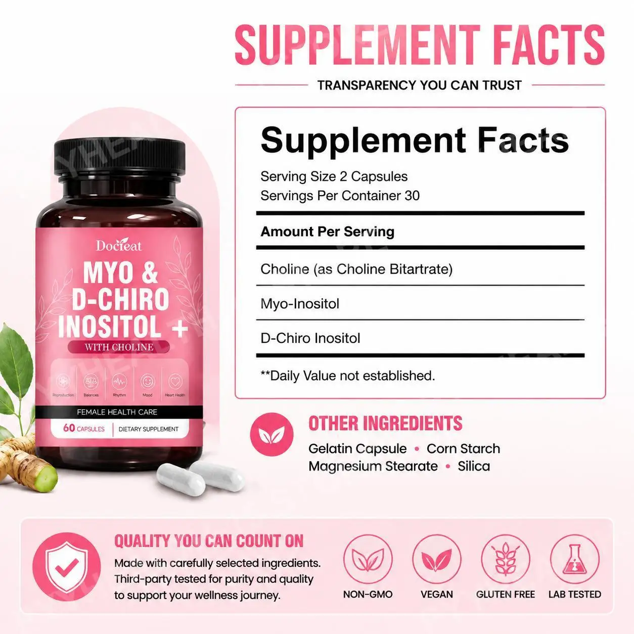 Docteat Myo-Inositol & D-Chiro Inositol with Choline Capsules for Female Mood and Inner Hormone Rhythm Support 60 Capsules