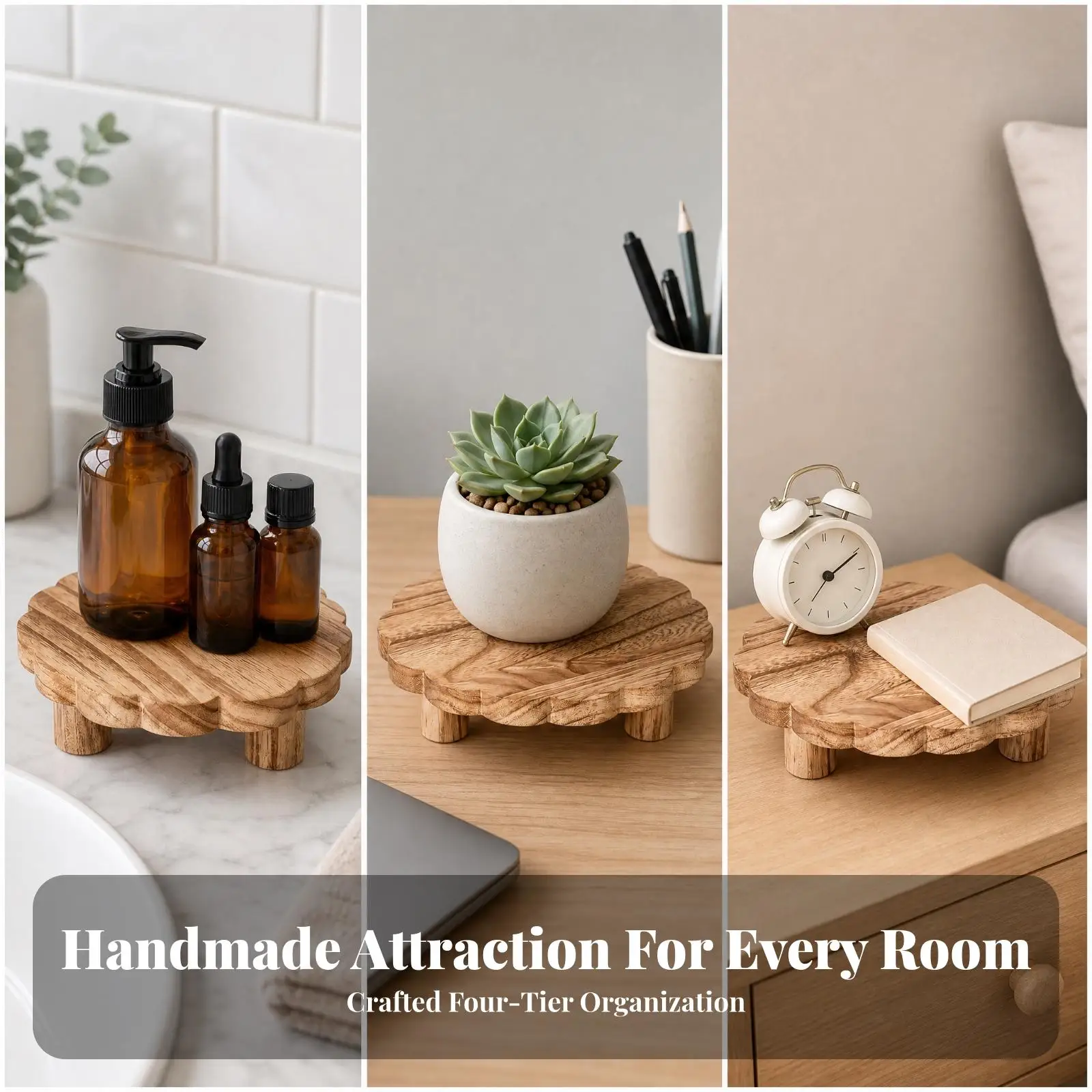 Four-Tier Wooden Display Rack with Cylindrical Legs Versatile Wooden Tiered Display Organizer Waterproof Freestanding Tiered
