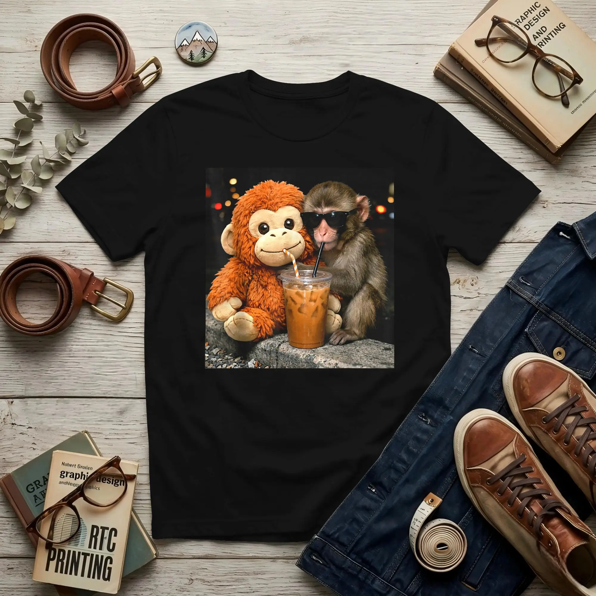 Monkey Punch Drinking Iced Coffee Men's T Shirt Punch Monkey Amazing Tees Short Sleeve Crew Neck Cotton Printing Clothes T-Shirt