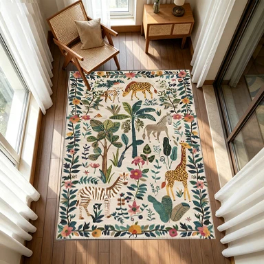 Jungle Adventure Animal Pattern Carpet Giraffe Zebra Floral Pattern Carpet Floor Non-Slip Kidsren's Playroom Decorative Floor Carpet