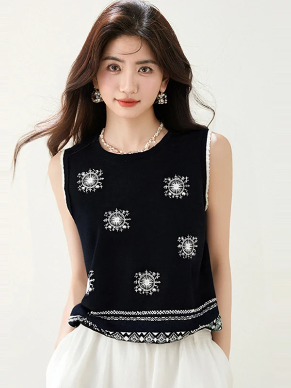 Zwaar borduurwerk rond Ne Svel gebreid vest dames zomer nieuw vintage design Sense Top kleine irt Koreaanse Sle