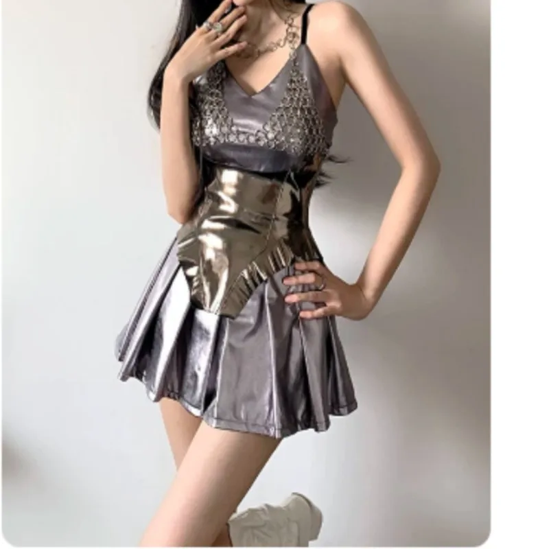 Summer Trendy Girls Silver Dress Dance Performance Suit Chain Bra Bodycon Sash Jazz Three Pieces Hip-hop Dj Costume V-neck Dress
