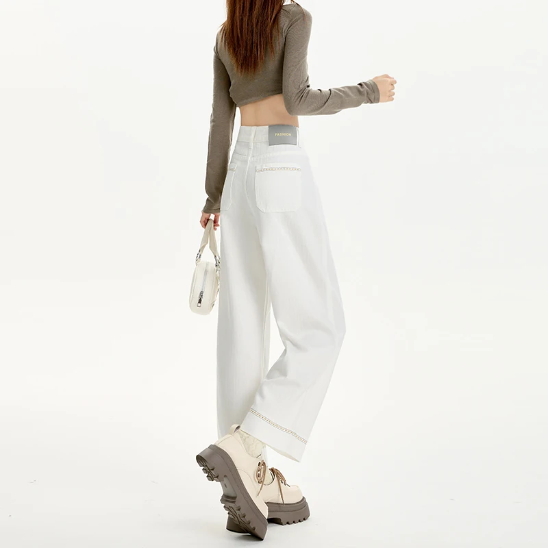 

2025New off-white embroidered high-waisted loose straight-leg slimming cropped granny wide-leg pants for petite individuals