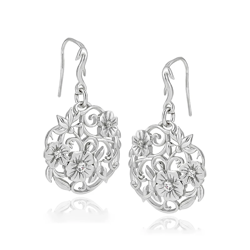 European and American style retro high-end geometric round hollow branches and flowers with diamonds S925 sterling silver earrin